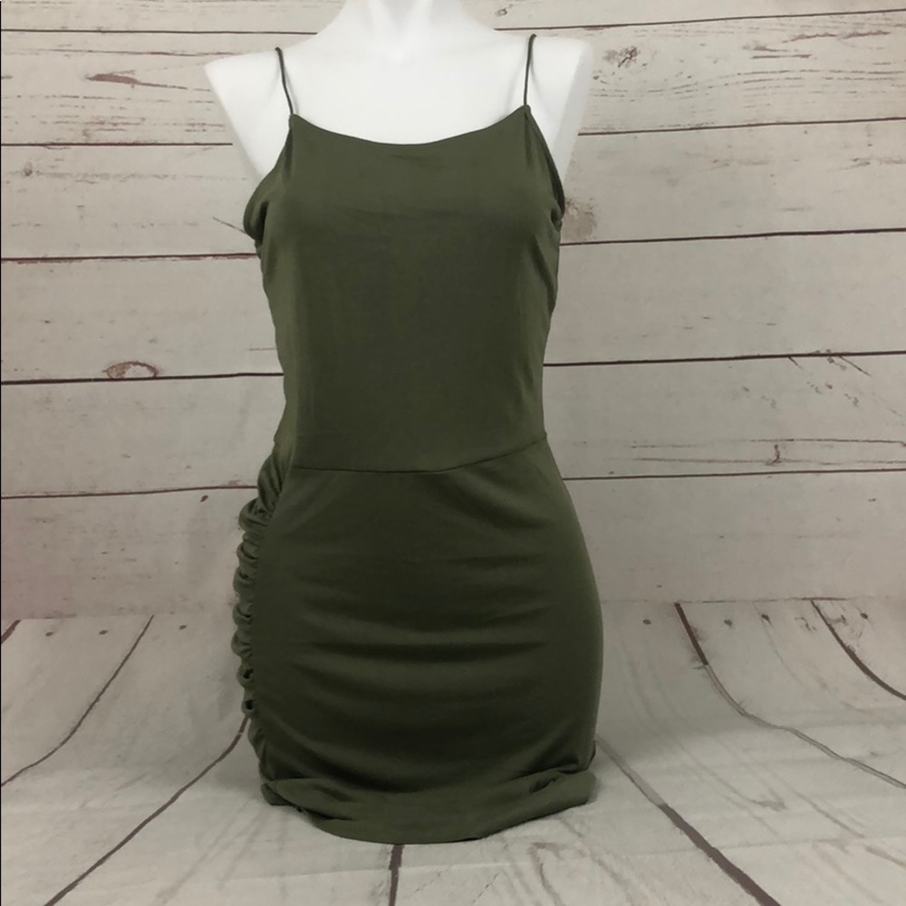 Bear Dance Olive Green Ruched Midi Dress